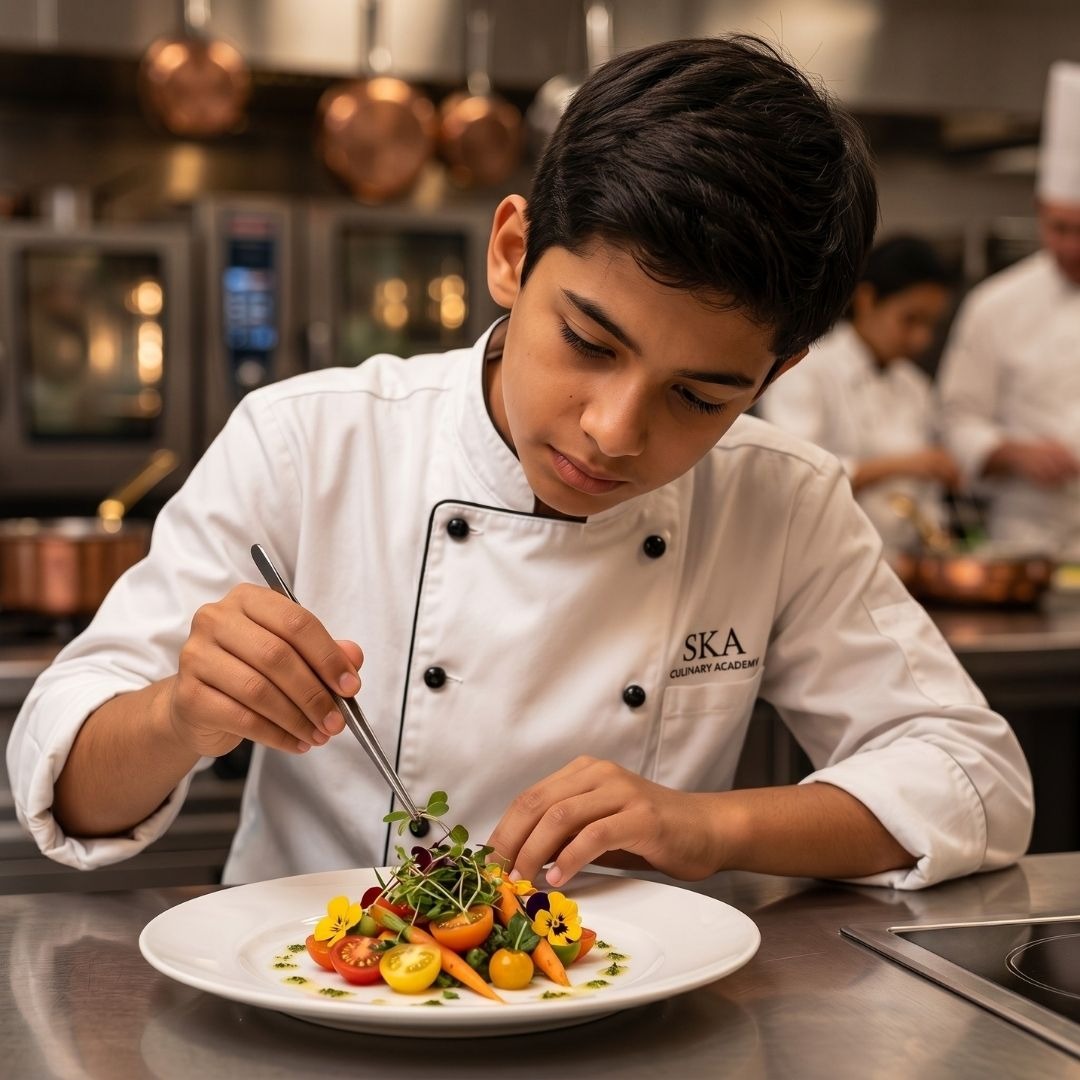 Young chef plating a dish