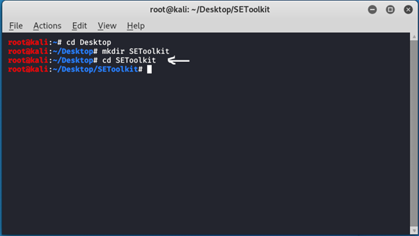 فتح Terminal، الانتقال إلى Desktop، إنشاء مجلد SEToolkit